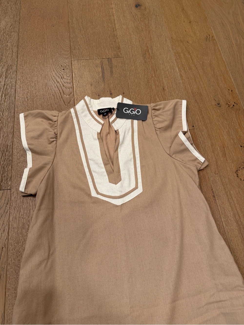 Gigio Tan Maxi Dress with Cream Trim and POCKETS. Lined - NWT - Size M - Picture 2 of 6